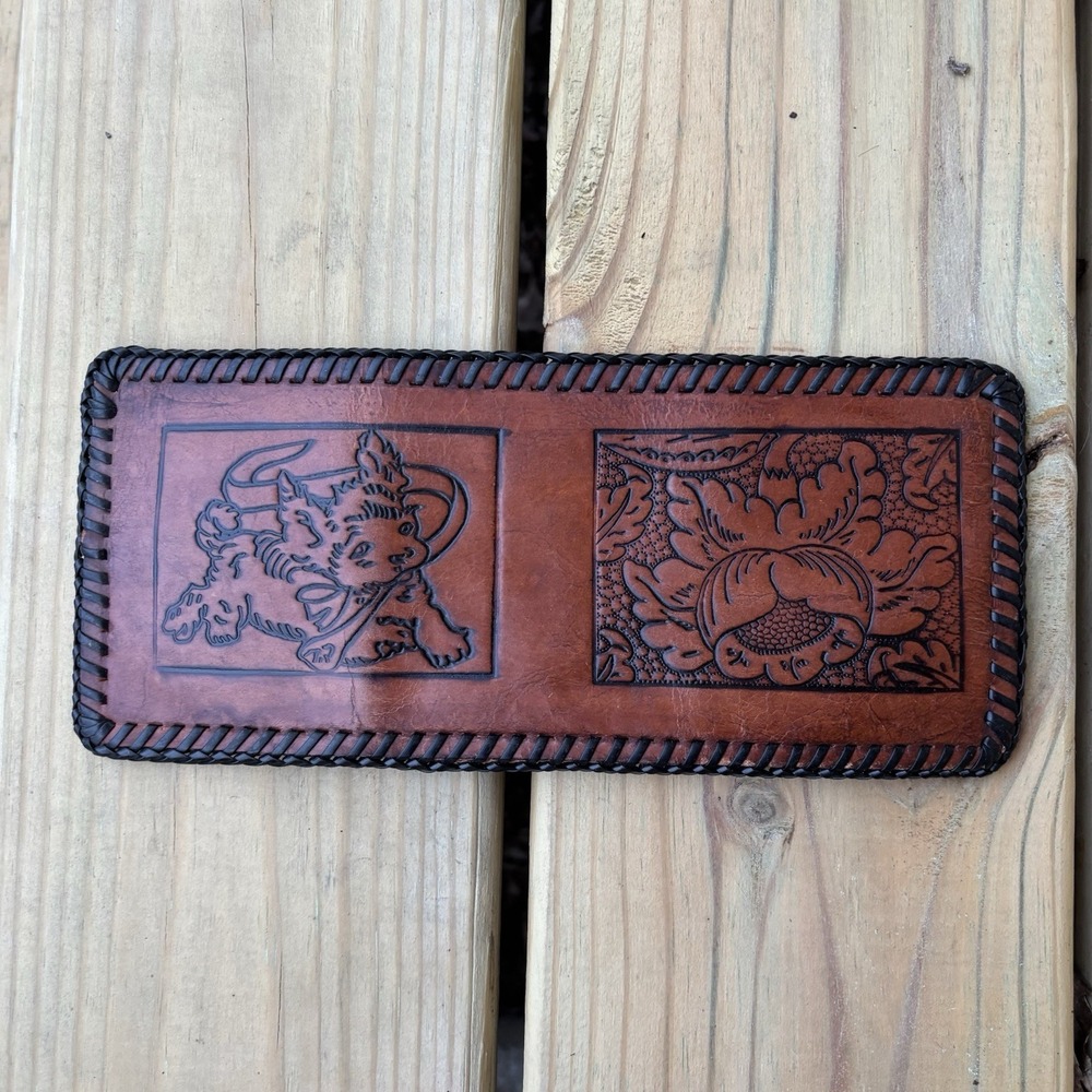 Vintage Leather Wallet Bifold Hand Tooled Whipstitch Genuine Dogs Flower 90s